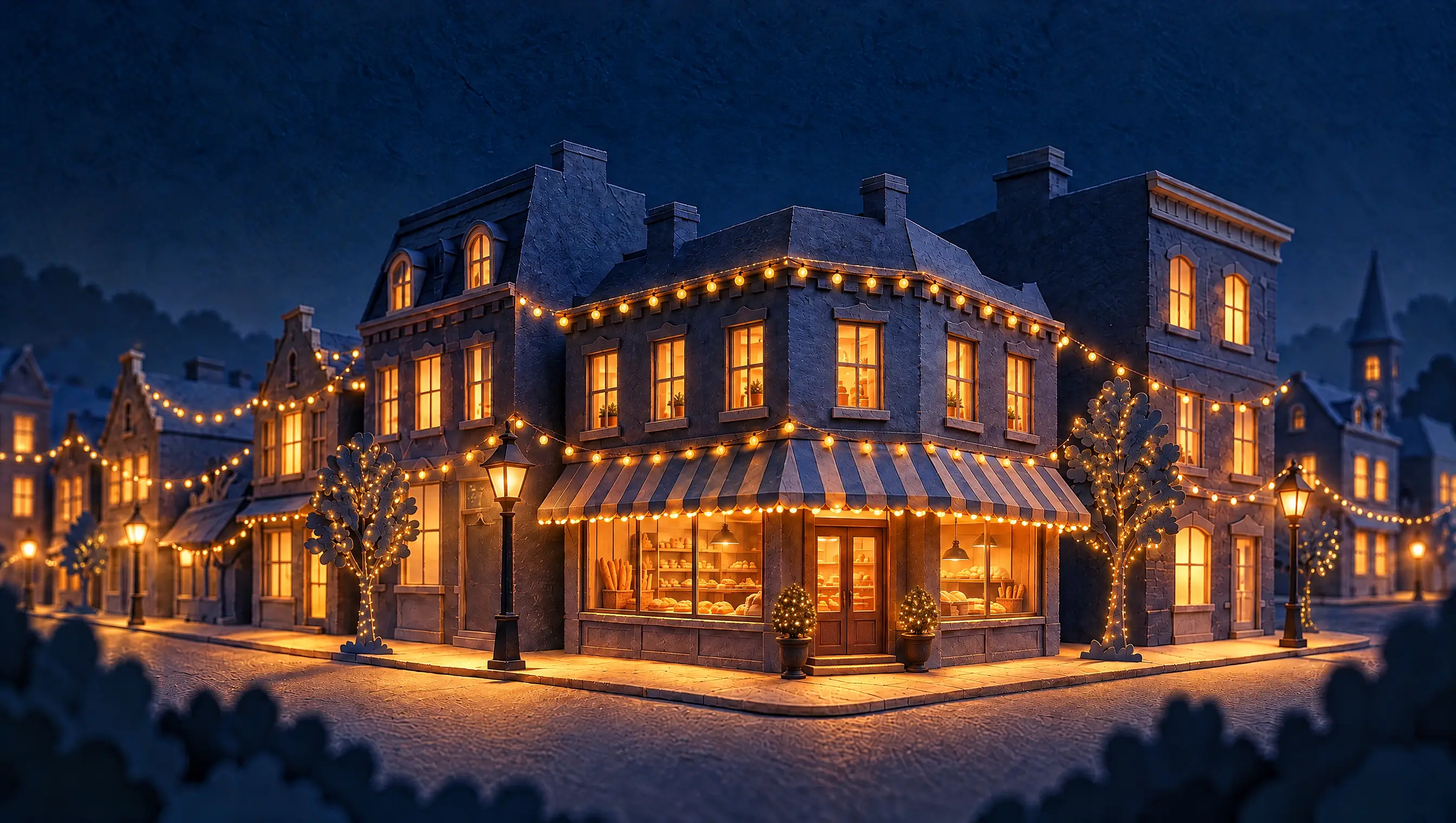 The same paper street at night, now festive: the corner bakery is lit and strings of warm lights hang across the street.