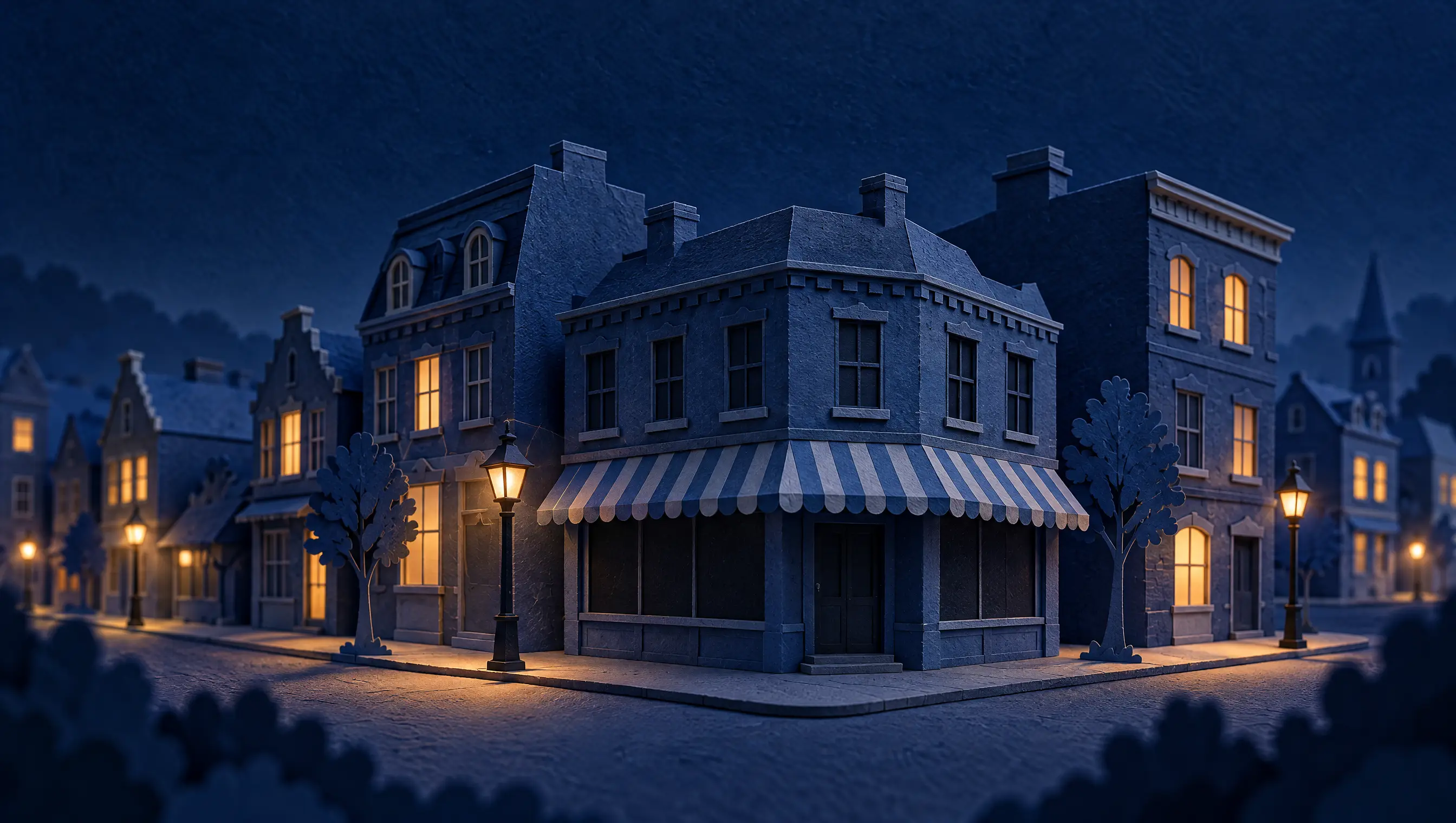 A paper model of a small street at night. Warm light glows in some windows, but the corner bakery in the middle is completely dark.