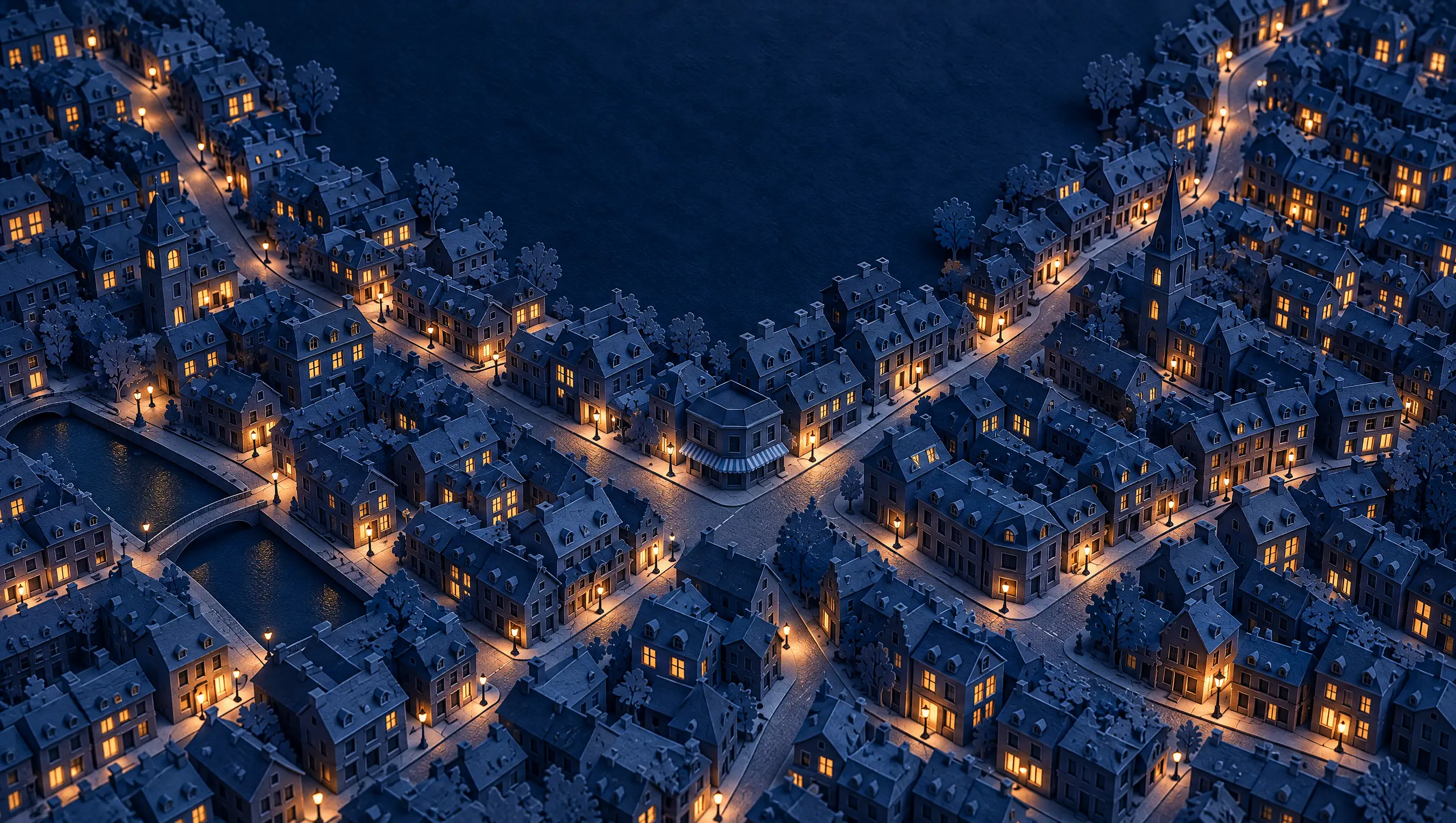 The same paper town seen from high above at night: hundreds of small buildings, a few windows lit, most of them dark.